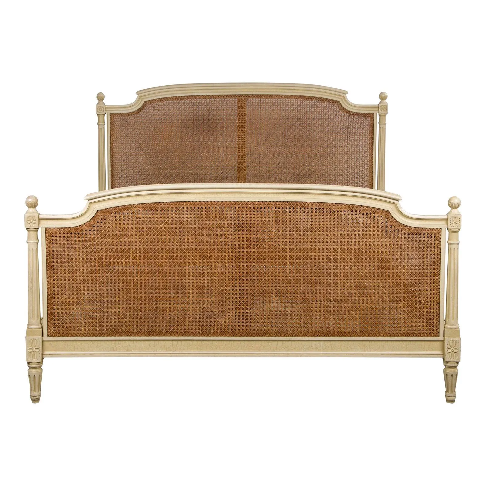 Antique French Louis XVI Style Painted Fullsize Cane Bedframe