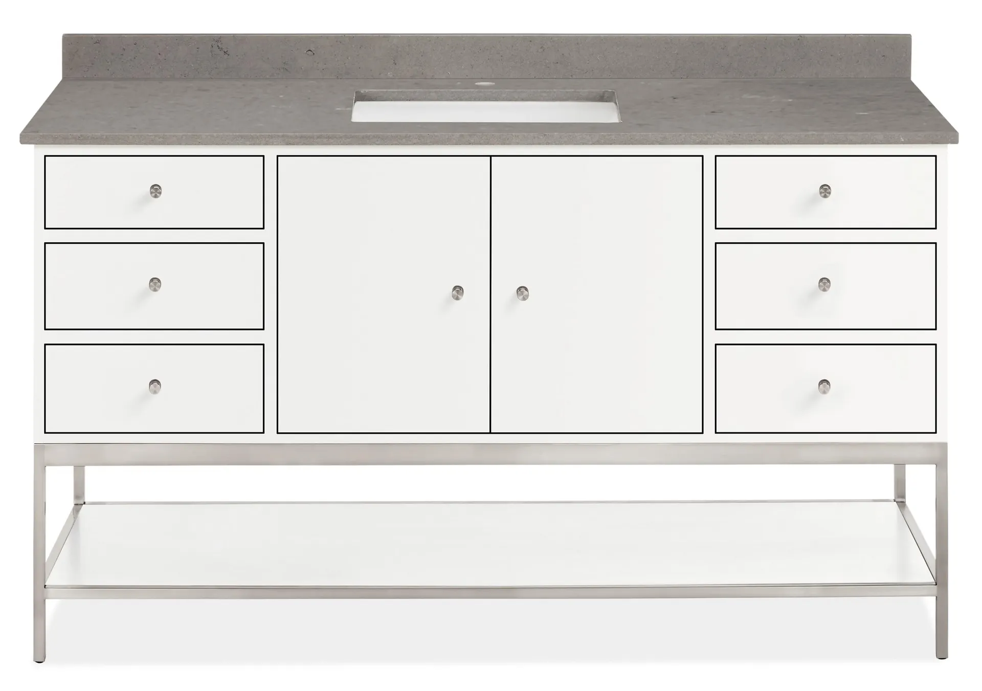 Linear 60w 21.75d Vanity w/Shelf & L&R Overhang in White w/RECT 1-Hole Fog Sink