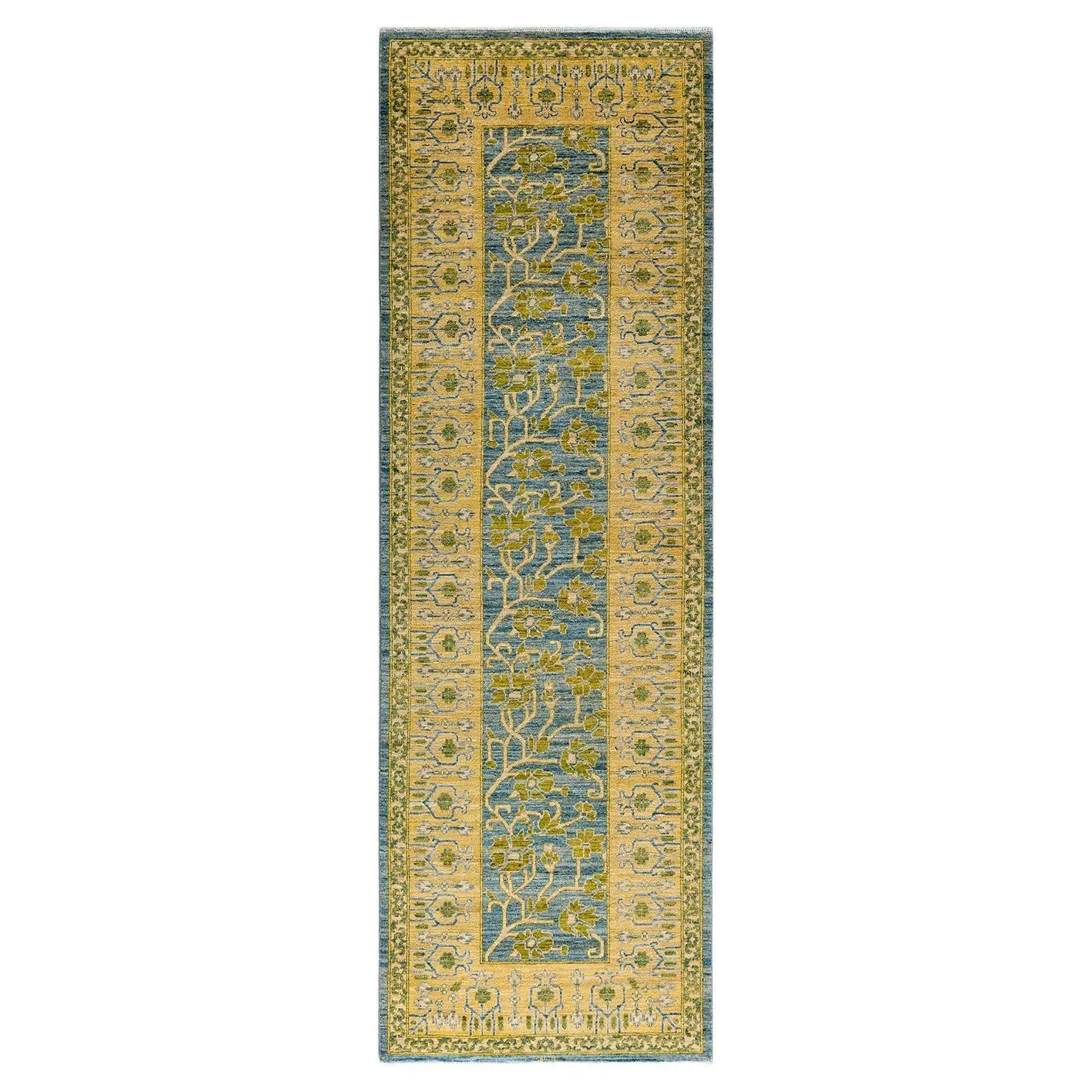 Contemporary Floral Hand Knotted Wool Blue Runner