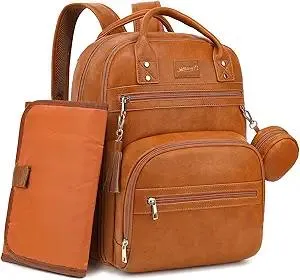 Premium Vegan Leather Diaper Bag Backpack with Waterproof Changing Pad, Reinforced Zippers & Odor-Free, 20 Pockets Pro Organizer, Fits 15.6" Laptop, Stroller Straps, Baby Bag for Mom, Brown