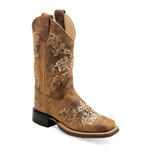 Old West Girls Brown With Embroidery Square Toe Boots