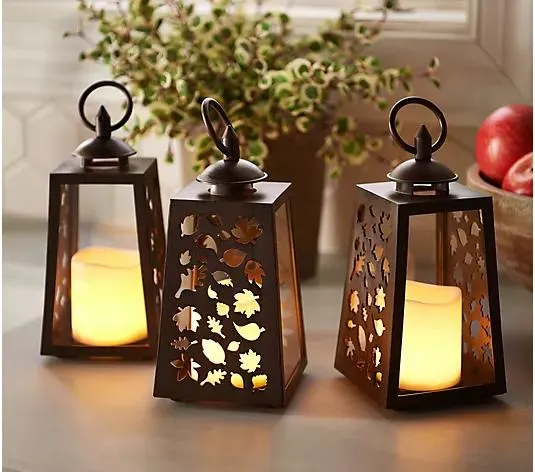 Candle Impressions Set of (3) 7.5" Fall Icon Resin Lanterns