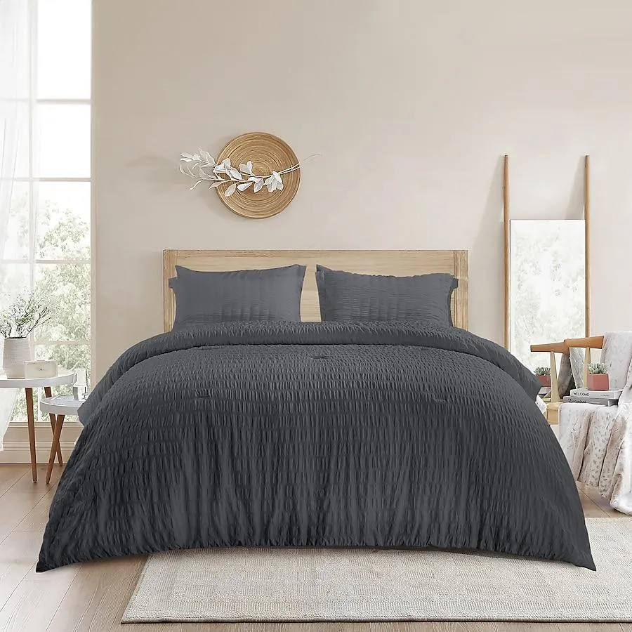 JEAREY Seersucker 7 -Piece Gray Queen Comforter Set