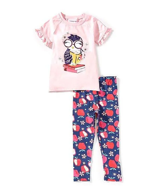 Little Girls Raglan-Sleeve Owl-Appliqued Tunic Top & Apple/Floral-Printed Leggings Set