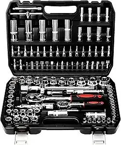 TLGREEN 108 Pcs Mechanic Socket Tool Kit,CR-V Steel Metric And Standard 1/4" & 1/2" Ratchet set,Universal Joint,Extension Bars,Adapter,Quick Release Ratchet Wrench,Tool Box Set for Car Garage Dorm
