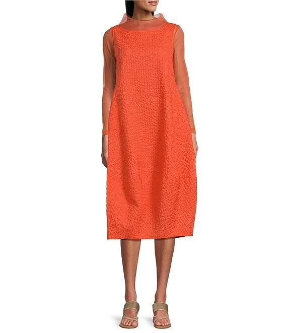 Sleeveless Sheer Organza Funnel Neck Balloon Waistless Midi Dress