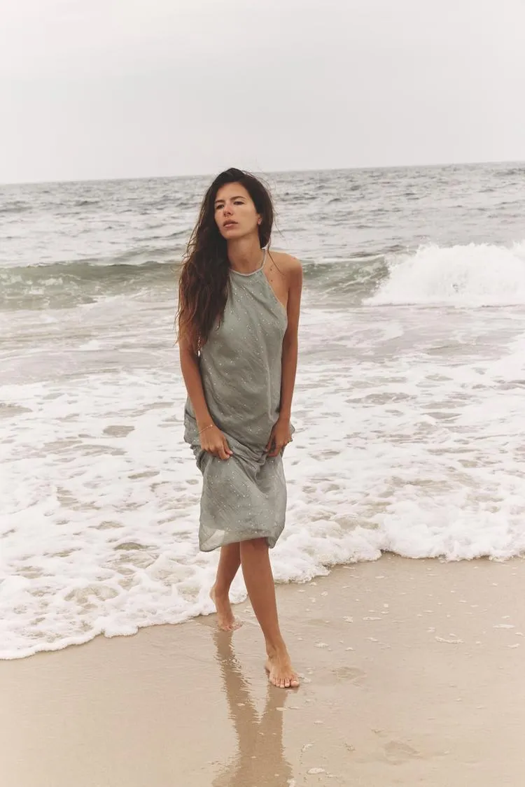 SHIMMER HALTER MIDI DRESS