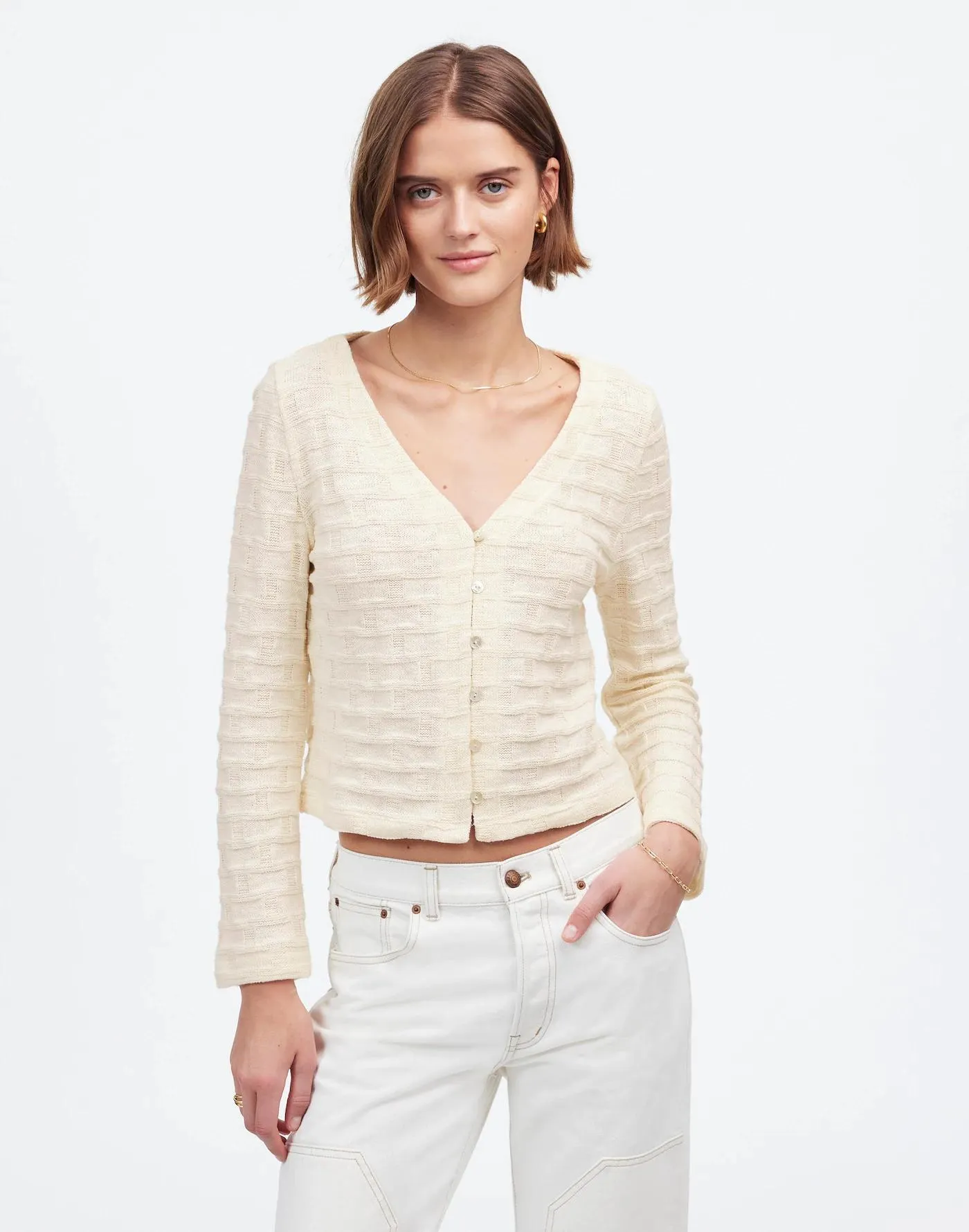 Basket-Weave Stitch Long-Sleeve Sweater Tee
