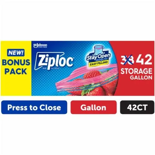 Ziploc® Gallon Storage Bags, Stay Open Design, Easy to Fill, 42 count