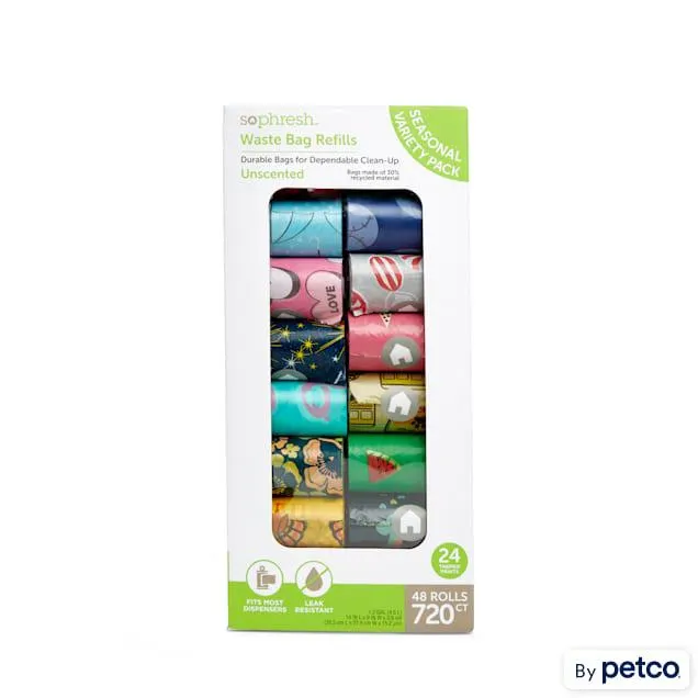 So Phresh Dog Waste Bag Refill Rolls Seasonal Bulk Variety Pack. Count of 720