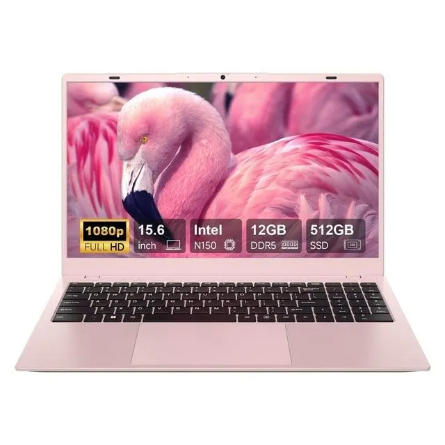 RNRUO 15.6" Windonws 11 Laptop, 12GB DDR5 512G SSD, Up to 3.6GHz Intel N150 Quad-Core, Fingerprint Backlit Keyboard WiFi 6 BT 5.2, 1080 FHD Display for Student, Business, Home Office, Pink