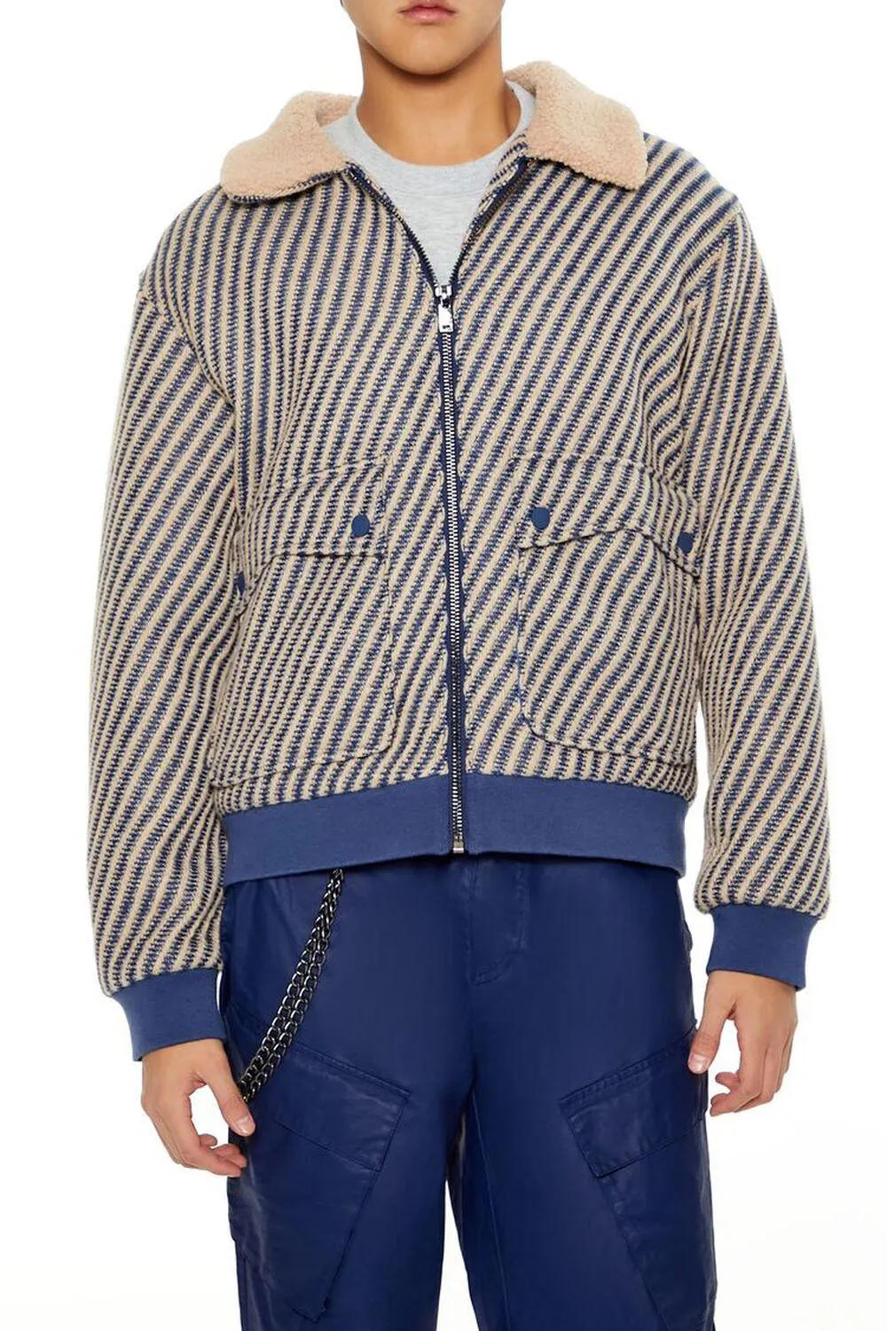 Faux Shearling-Collar Striped Jacket