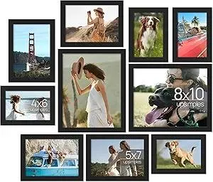upsimples 10 Pack Picture Frames Collage Wall Decor for Mounting or Tabletop Display, Photo Gallery Frame Set for Family, Multi Sizes Including 8x10, 5x7, 4x6, Black