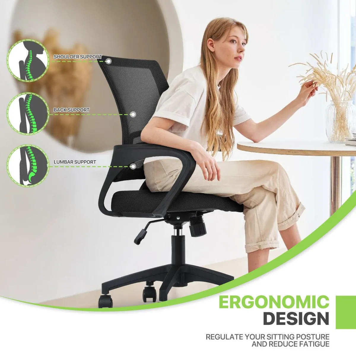 Ergonomic Swivel Home Office Chair Adjustable Lumbar Support, Height, and Tilt Function, Comfortable Design for All-Day Productivity