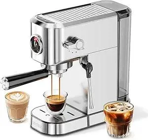 20Bar Espresso Machine, Compact Espresso Maker with Milk Frother, Stainless Steel Coffee Machine for Cappuccino&Latte, 42oz Water Tank, Visible Pressure Gauge, Home&Office, Silver