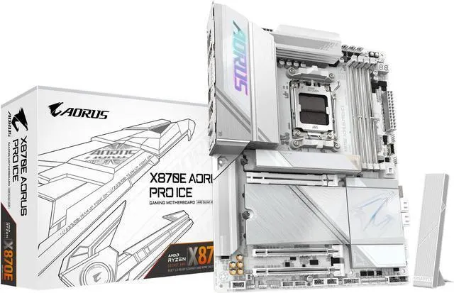 GIGABYTE X870E AORUS PRO ICE AM5 LGA 1718, ATX, DDR5, 4x M.2, PCIe 5.0, USB4, Wi-Fi 7, 2.5GbE LAN, EZ-Latch, 5-Year Warranty