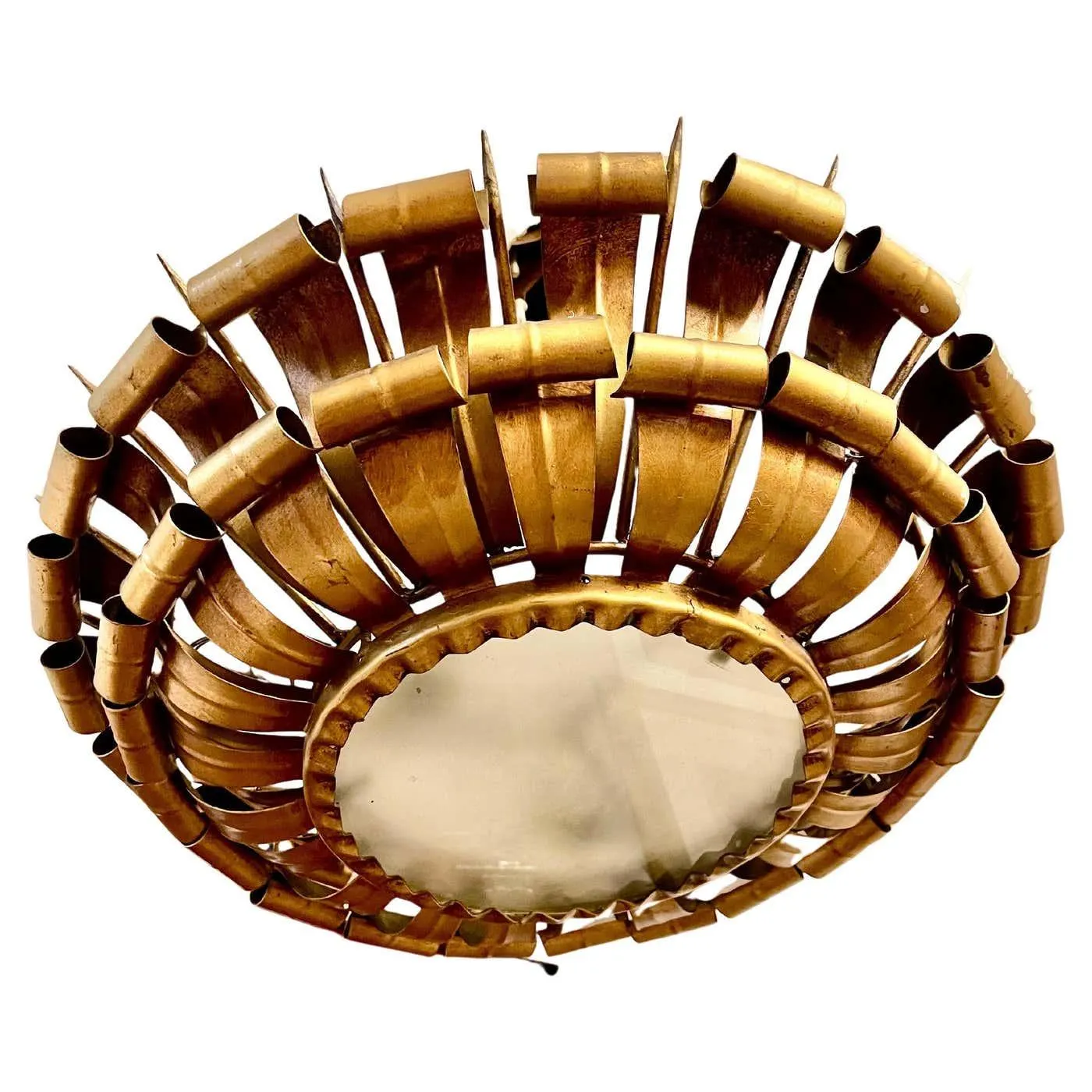 Spanish Crown Sunburst fixture XL in Gilt Metal and frost Glass , circa 1950