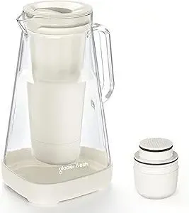 GLACIER FRESH Glass 10 Cup Water Pitcher with 1 Filter of 3X Flow Rate, 5-Stage Filtration Reduces 99% Chlorine and Improve Taste, Eco-Friendly, Bpa Free, White