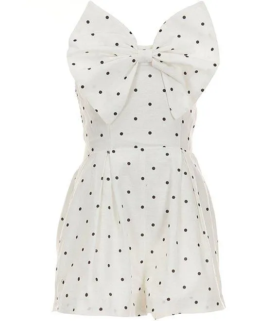 Big Girls Sleeveless Vieda Dotted Bow-Accented Linen-Blend Romper