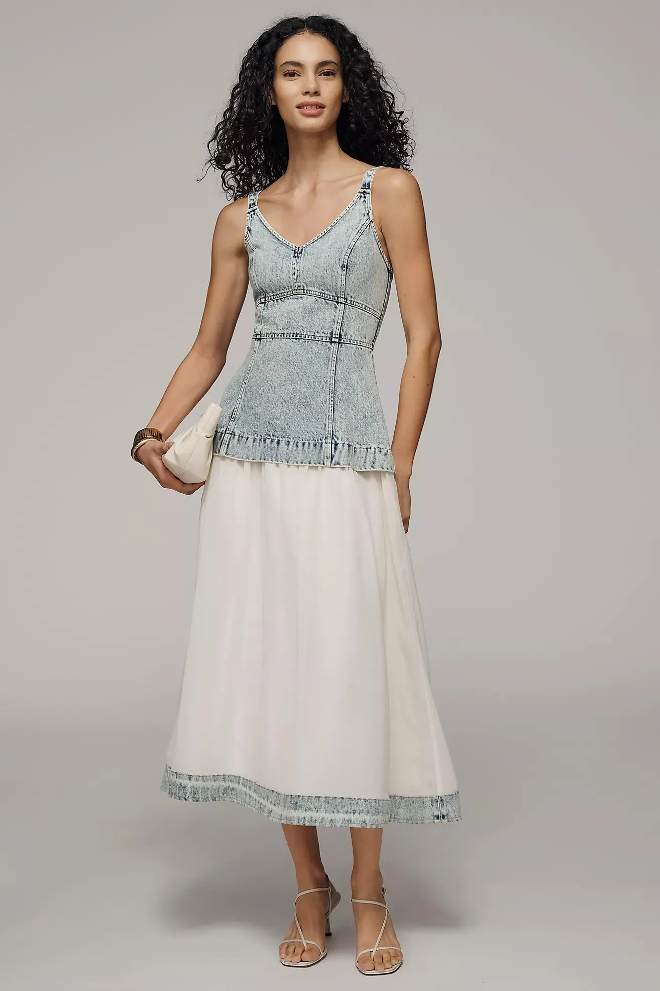 Moon River Denim V-Neck Midi Dress