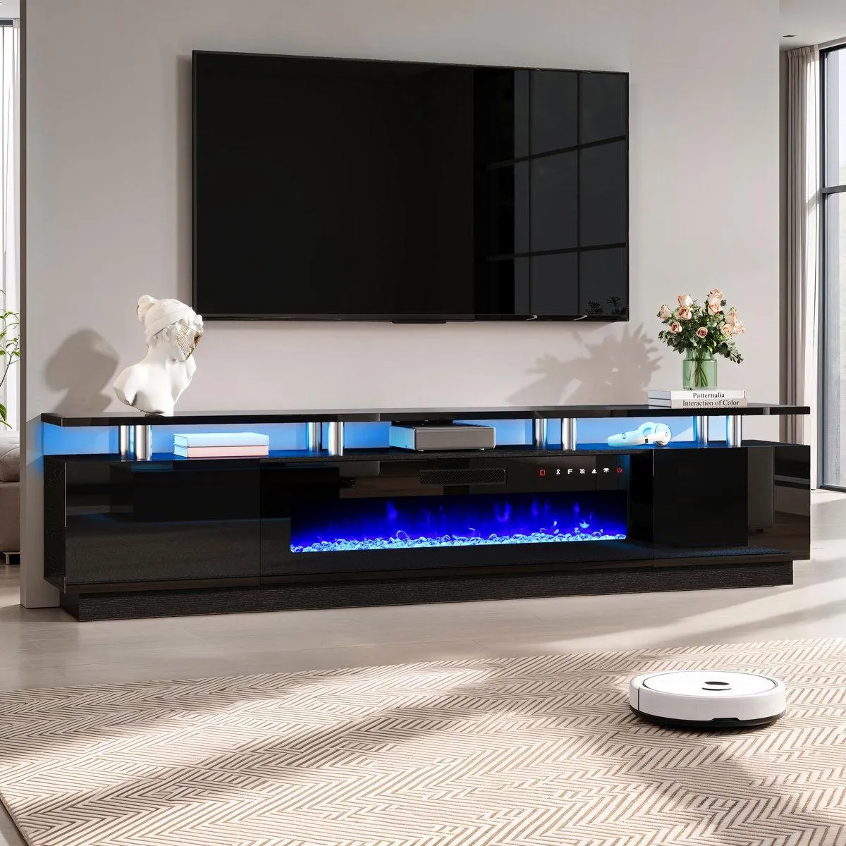 Bhhatu 2 Tier High Gloss TV Stand with Electric Fireplace Included