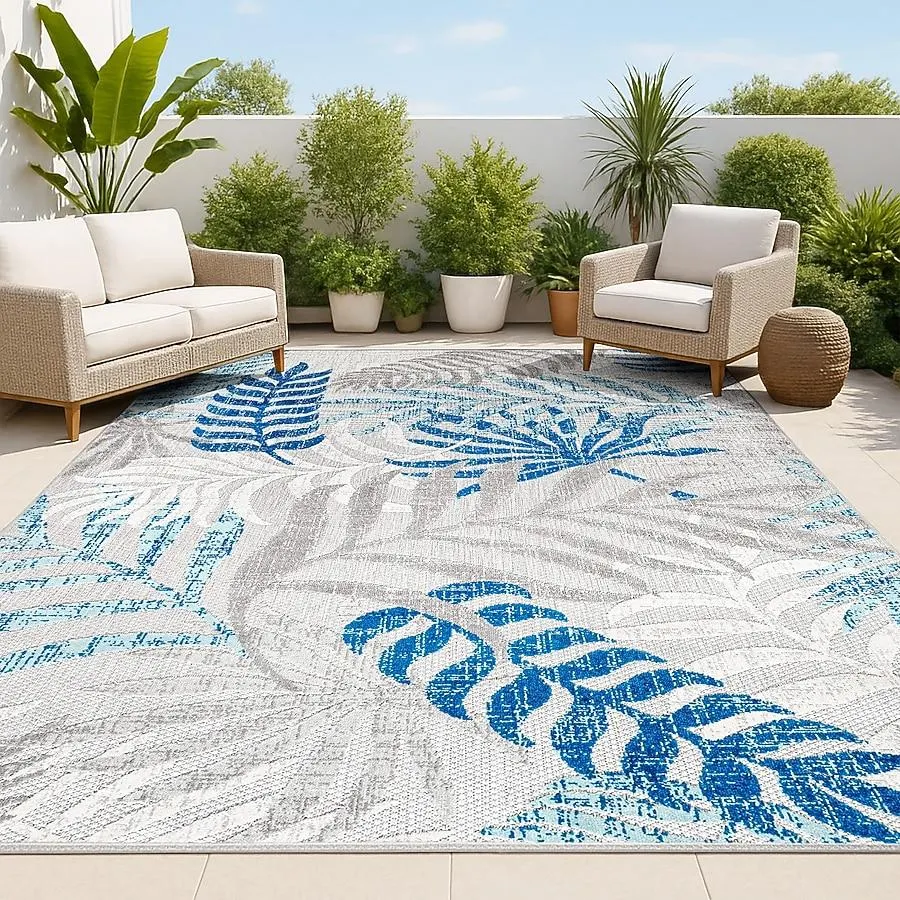 JONATHAN Y AMALFI COAST Tropics Palm Leaves 8 x 10 (ft) Loomed Gray/Blue Rectangular Indoor/Outdoor Floral/Botanical Coastal Pet Friendly Area rug