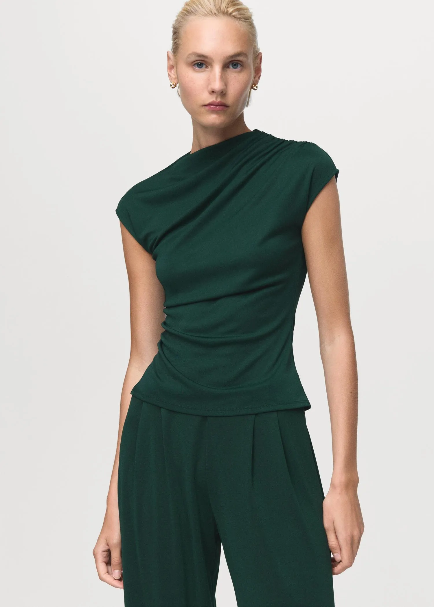 T-shirt with gathered asymmetrical neck