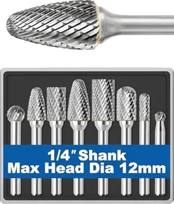 8Pcs Carbide Burr Set 1/4 Shank w/Clear Box Max Head Dia 12mm Die Grinder Bits Rotary Tools Attachment Kit Rasp Accessories Metal Wood Stone Steel Grinding Deburring Cutting Porting Carving