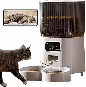 Automatic Cat Feeder 2 Cats with Camera, 5L Dual Pet Auto Timed Electric Smart APP Food Feeding Dispenser (White, 2 Bowls)