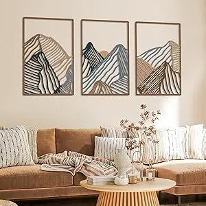 Peryiter Metal Wall Art 3 Piece Mountain Wall Art for Living Room Abstract Minimalist Mountain Line Pictures Gifts Decor for Summer Home Bathroom Office(Vibrant Colors)