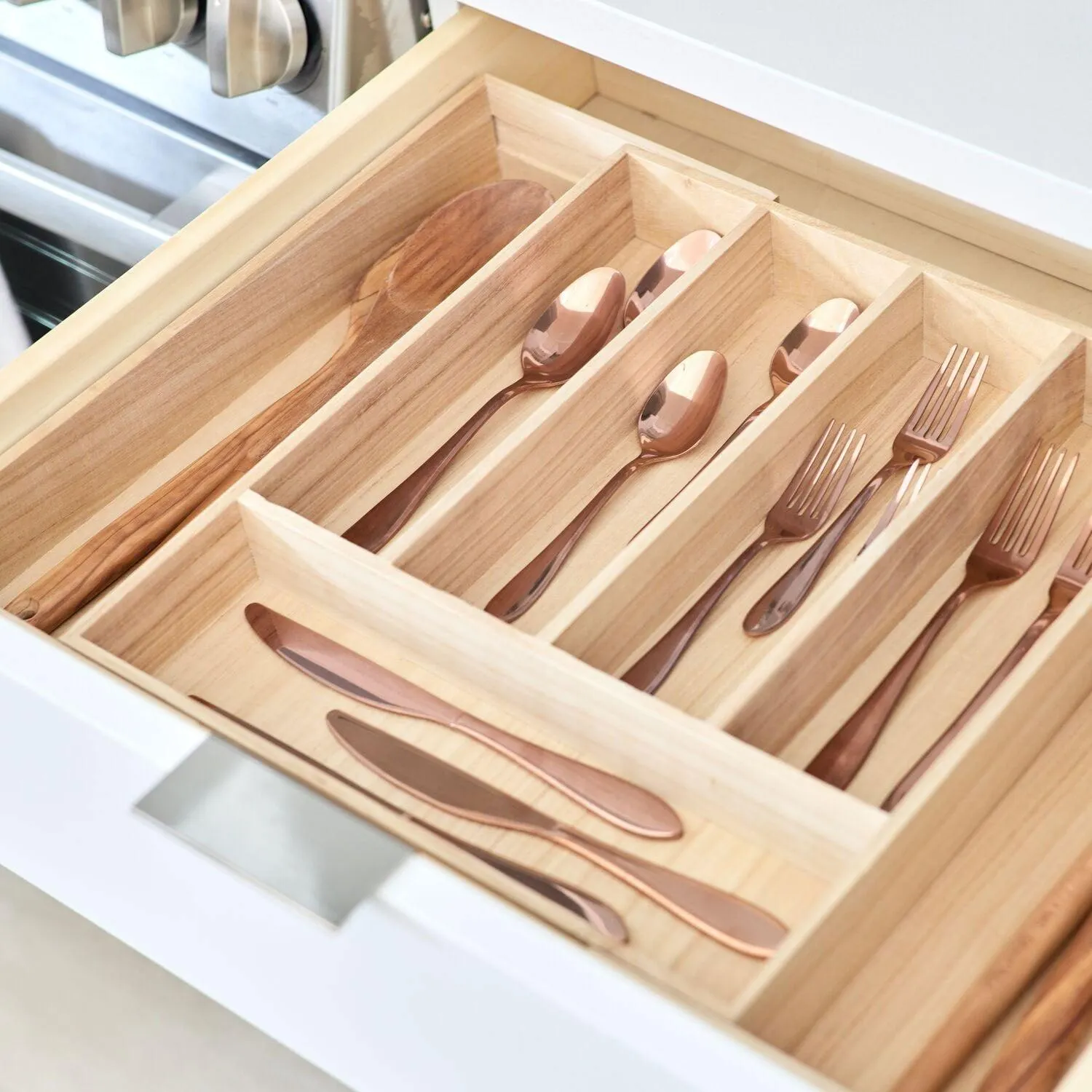 iDesign Renewable Paulownia Wood Collection Expandable Flatware And Cutlery Tray, 15" x 13.6"-23.5"