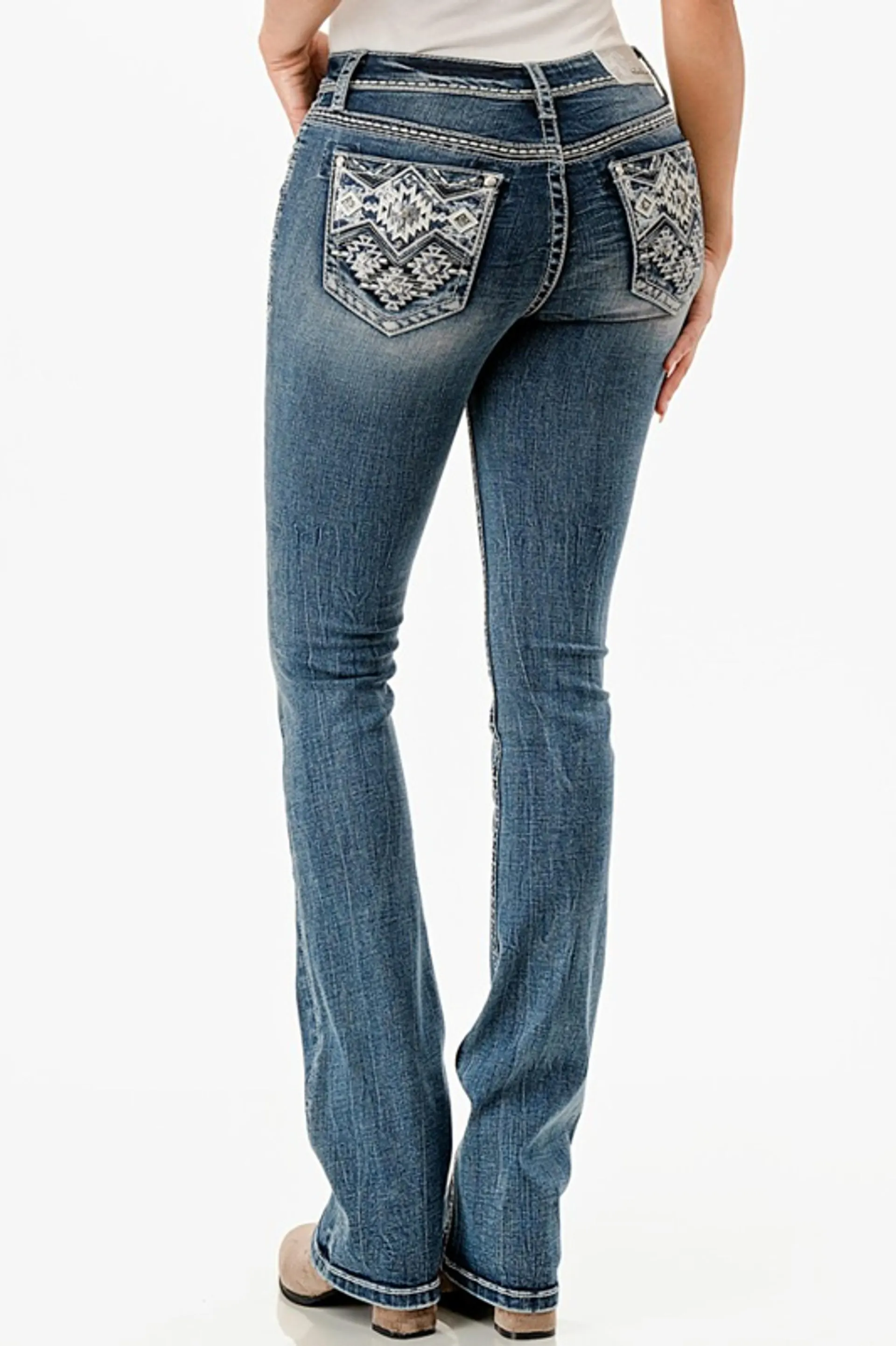 Grace in LA Ladies Aztec Modify Mid Rise Medium Wash Denim Bootcut Jeans