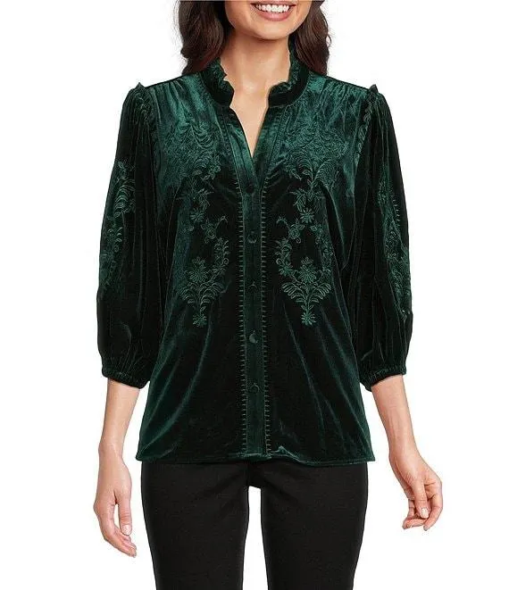Petite Size Embroidered Ruffle Split V-Neck 3/4 Sleeve Button Front Velvet Tunic