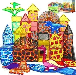 Dinosaur Toys Magnetic Tiles Lava Dinosaur World Set - Magnetic Blocks Building Toys for Kids 3-5 5-7 Girls Boys Toys Age 4-6 6-8, Classroom Must Haves Toddler Sensory Toys for 3+ Year Old Kids Toys