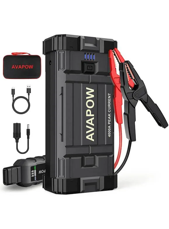 AVAPOW Car Jump Starter, 4000A Peak 27800mAh Battery Jump Starter (for All Gas or Up to 10L Diesel), Battery Booster Power Pack, 12V Auto Jump Box with LED Light, USB Quick Charge 3.0