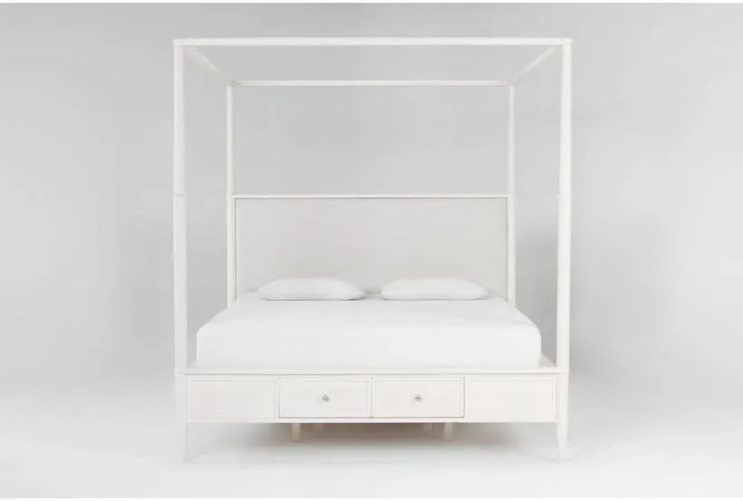 Austen White Queen Wood & Upholstered Platform Canopy Bed With Side & Footboard Storage | Poster | Drawers