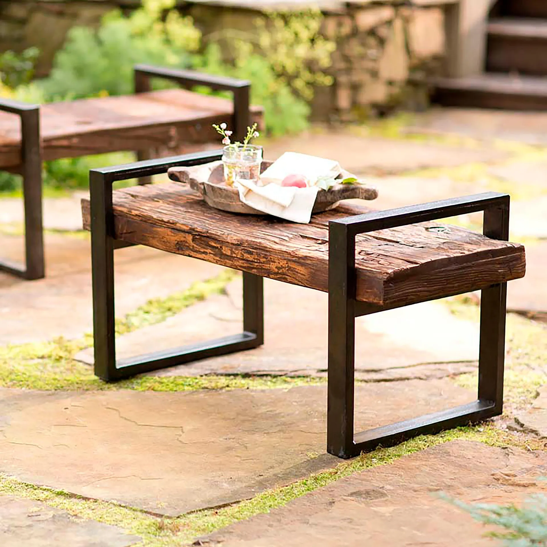 Reclaimed Wood And Iron Outdoor Bench