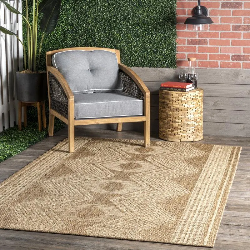 Geometric Indoor/Outdoor Rug for Living Room Patio Deck Front Porch Entryway Hallway Kitchen, Light Brown/Ivory