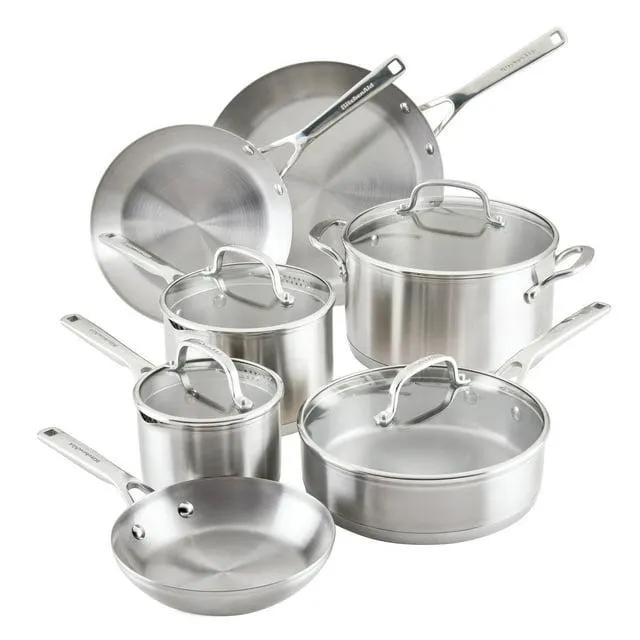 KitchenAid 3-Ply Base Stainless Steel 11-Piece Cookware Set, Brushed Stainless Steel