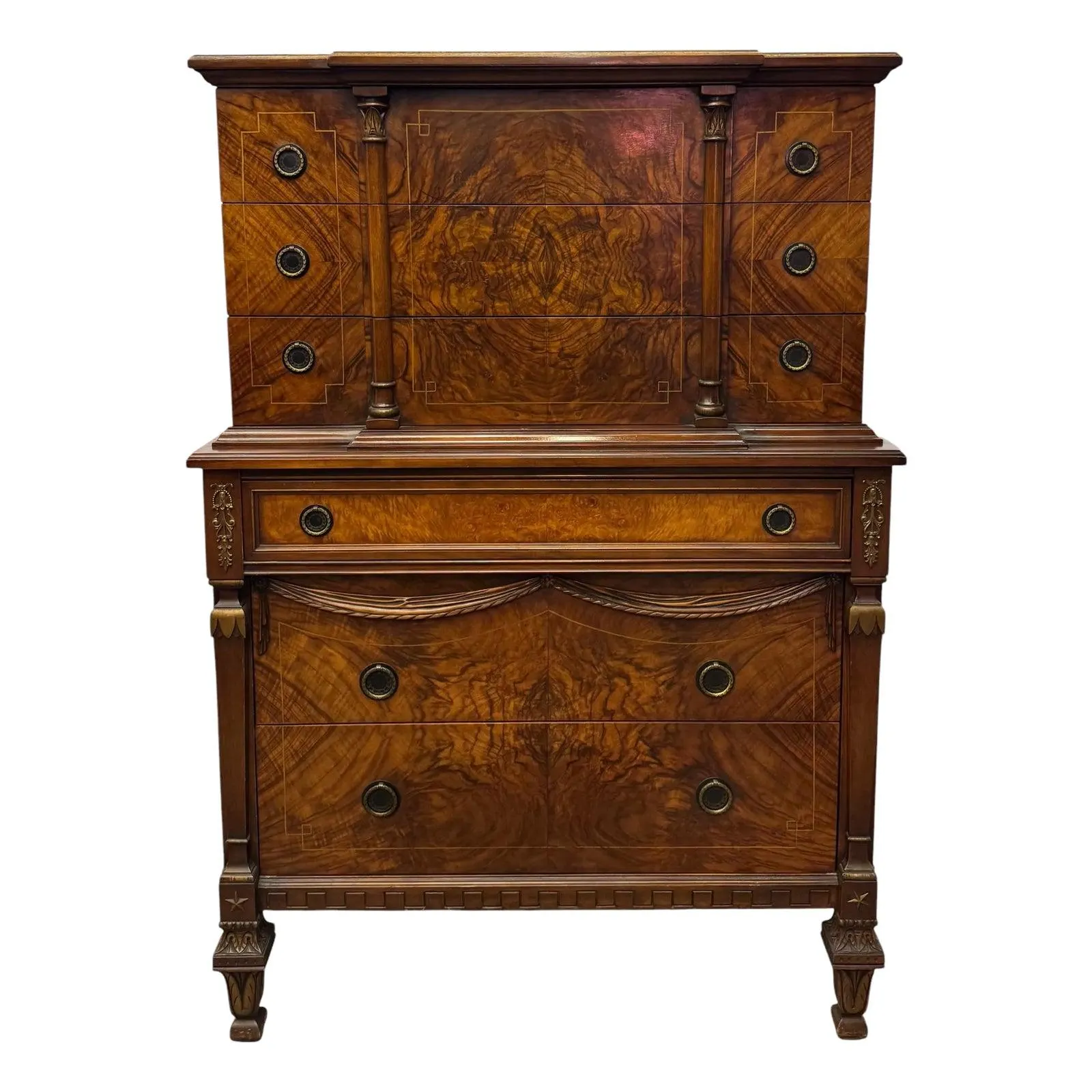 Vintage French Empire Style Mahogany & Burl Wood Chest of Drawers
