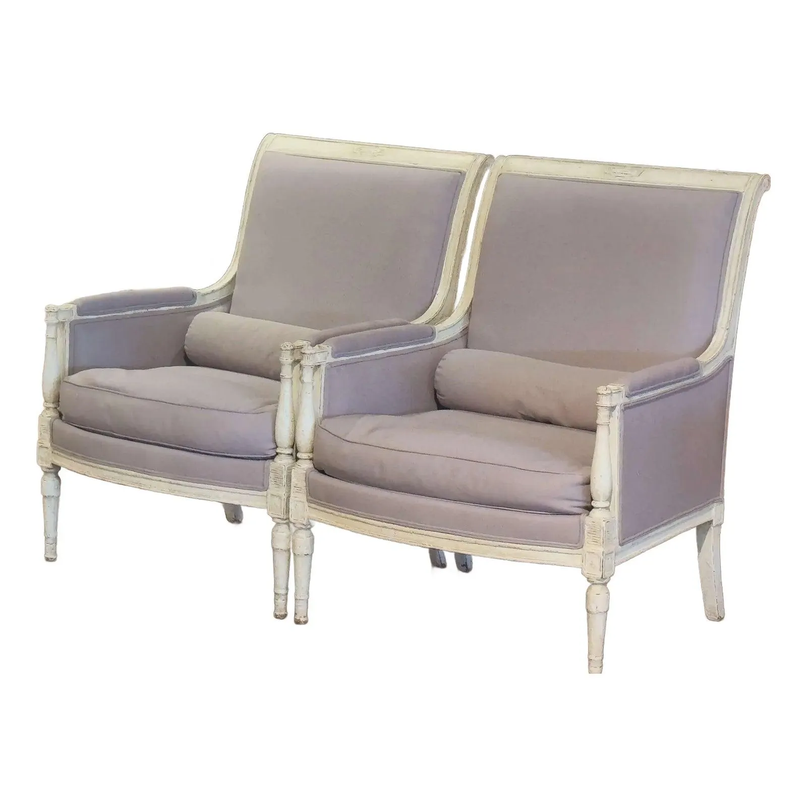 Pair of 19th Century French Louis Philippe Carved Painted Upholstered Armchairs