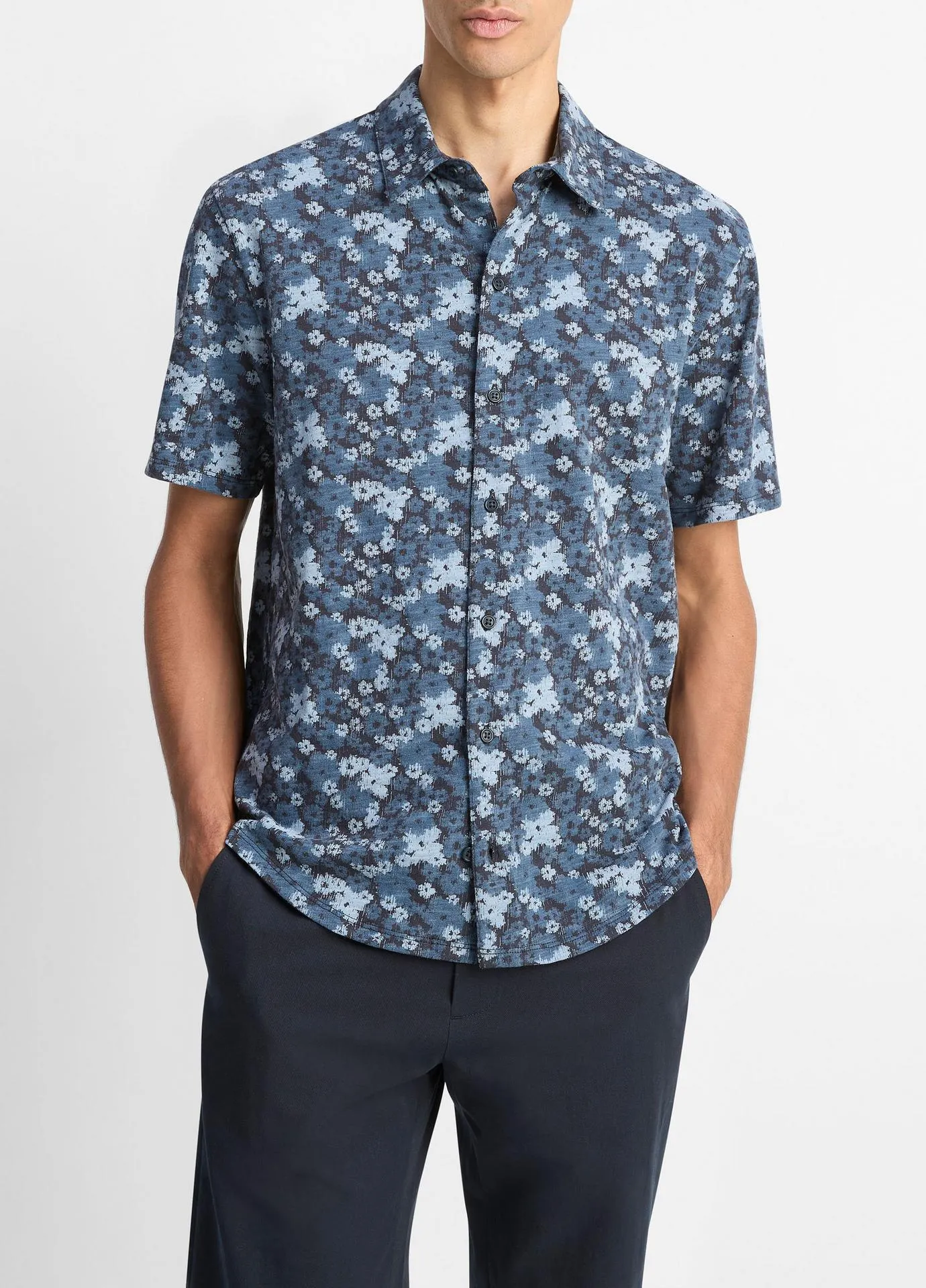 Floral Slub Cotton Short-Sleeve Button-Front Shirt