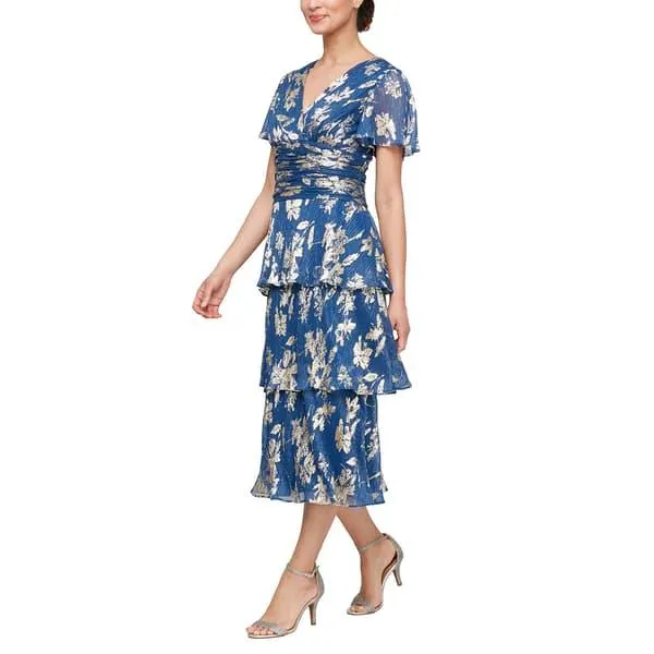 Womens SLNY Short Sleeve Foil Floral Ruched Midi Dress