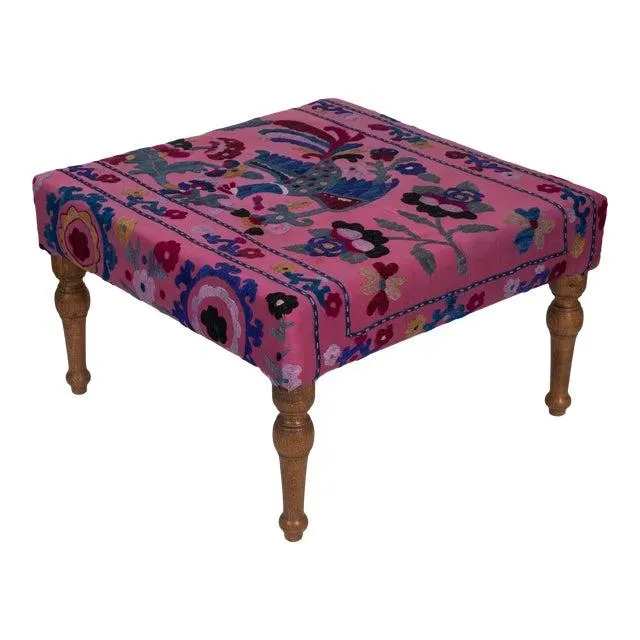 Suzani Square Ottoman - Coffee Table With Bird Motifs