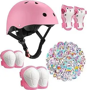 Kids Bike Helmet with Knee Elbow Wrist Pads Guards,Pink,for Ages 2-3-5-8-14,Sports Bicycle,Skate Scooter,Rollerblading with Unicorn Sticker