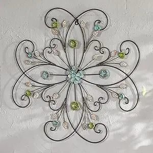 Phaxth 24" Metal Flower Wall Art Decor with Rust Leaf, Large Scroll Outdoor Wall Art Decor