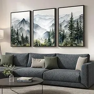 Framed Mountain Landscape Wall Art for Living Room, Large Foggy Forest Watercolor Artwork for Walls, 3 Piece Nature Mountain Forest Paintings Prints for Hallway Office Kitchen Wall Decor, 24x36 Inch