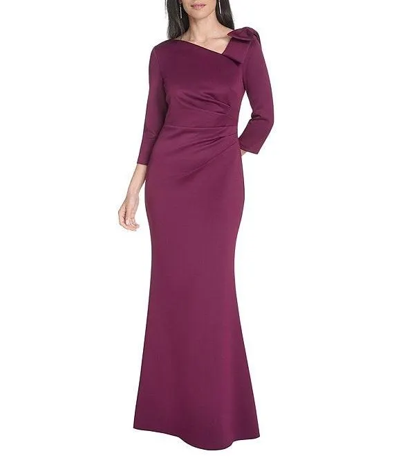 3/4 Sleeve Asymmetrical Neck Bow Shoulder Side Tuck Gown