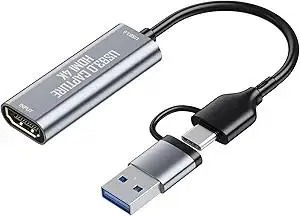 USB3.0 Video Capture Card, 4K HDMI to USB/USB-C Capture Card, HDMI Video Capture Device for Streaming and Recording, Work with Windows/Mac OS/OBS, for Live Broadcast PS4/5 Switch Gaming Streaming