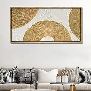 TRAIN2 ART Textured Wall Art Gold and White Geometric Canvas Circle Block Painting for Living Room Bedroom Bathroom Office Wall Decor 30"x60"